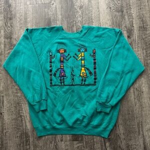 Vintage 90s Teal Navajo Aztec Tribal Southwestern Indie Art Raglan Sweatshirt